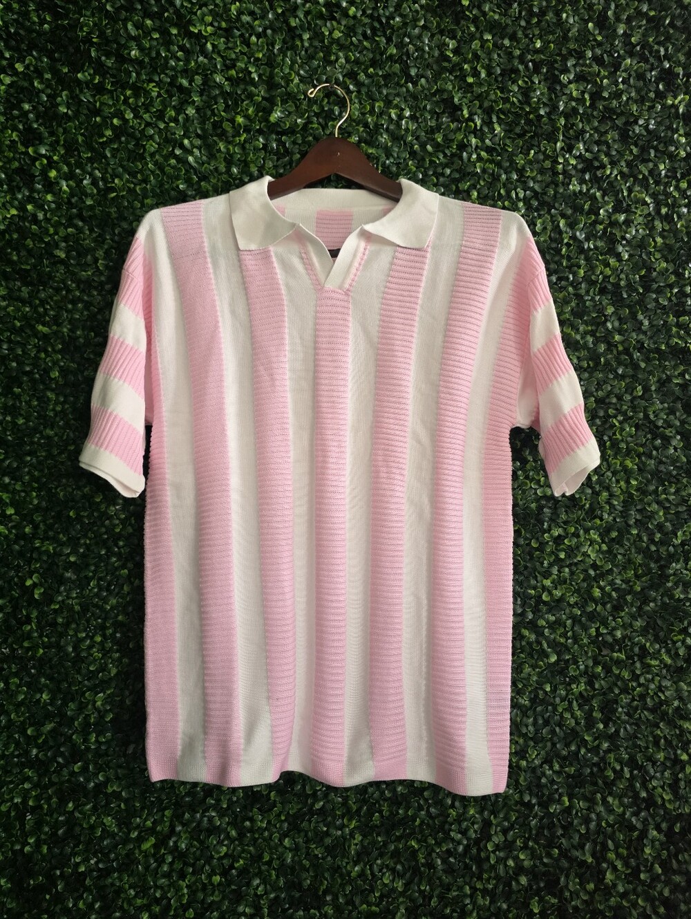 Manfinity Men's Pink/ White Striped Polo Shirt Size M